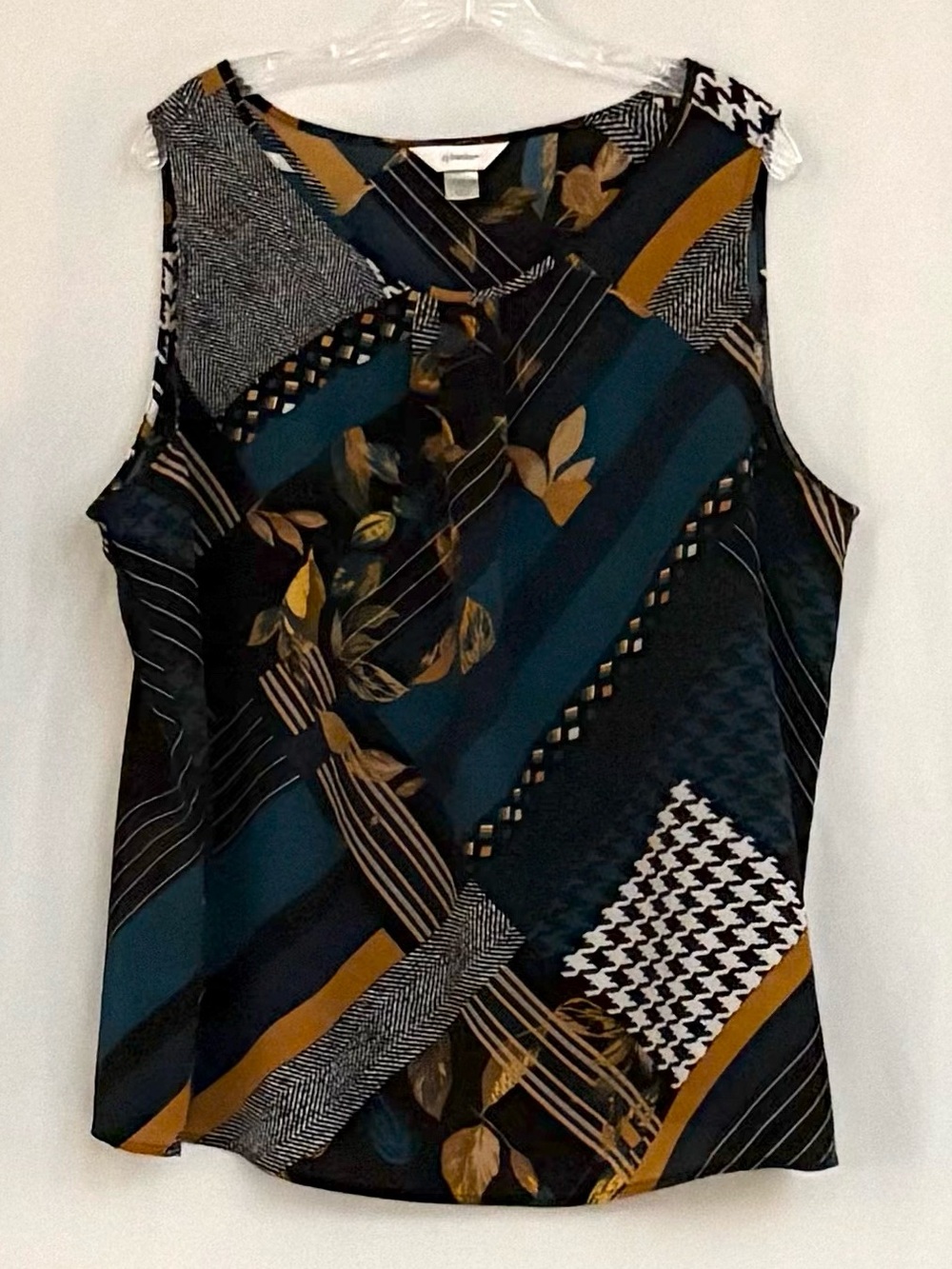 CJ Banks Sleeveless Mixed-Print Shell Top in Teal & Mustard